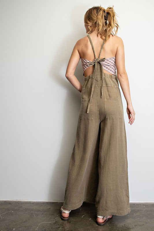 WASHED COTTON JUMPSUIT OVERALLS