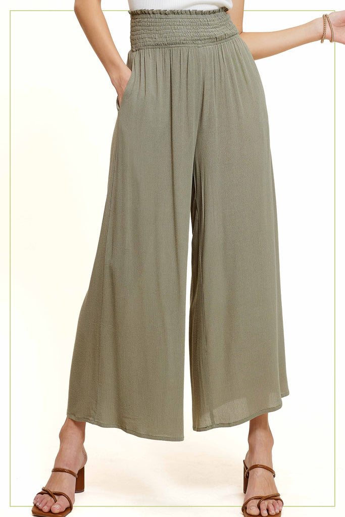 Smocked Waist Lightweight Pants With Side Pockets