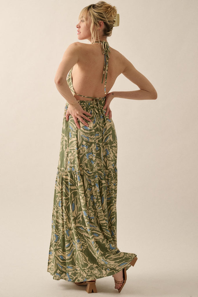 Floral V-Neck Surplice-Bodice Maxi Halter Dress