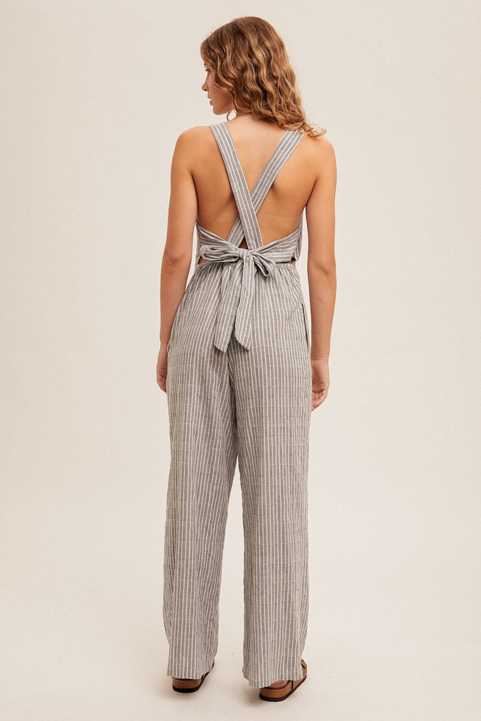 TIE BACK DETAILED SCOOP NECK STRIPE JUMPSUIT