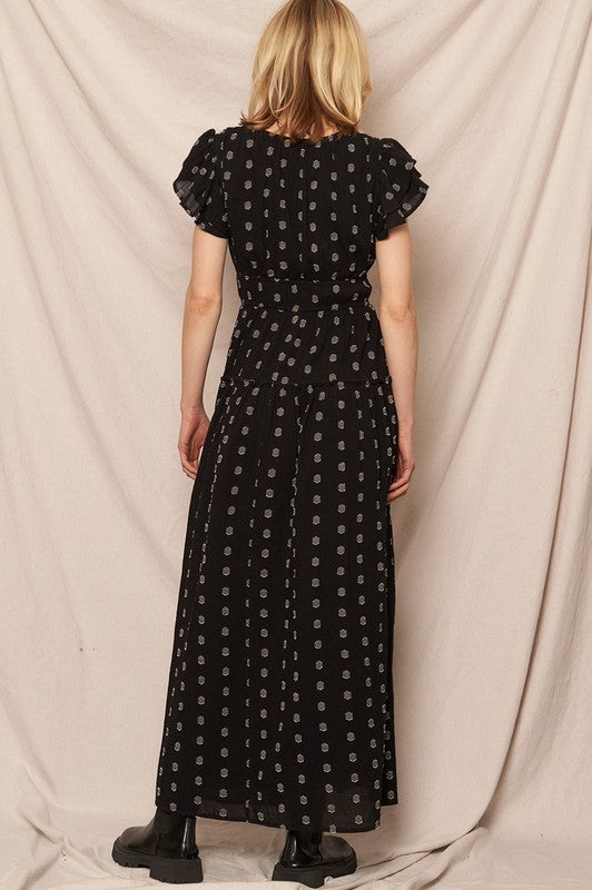 V-Neck Ruffle Sleeve Polka Dot Maxi Dress