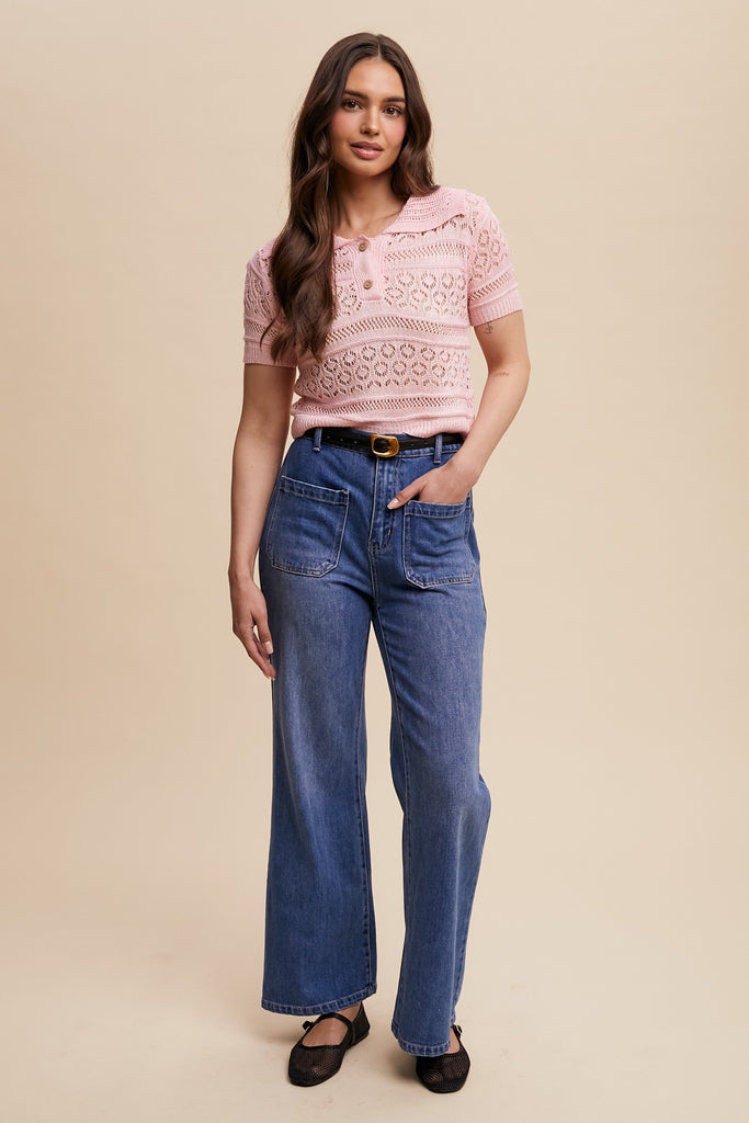 Stretched High Rise Ankle Flare Jeans with Pockets