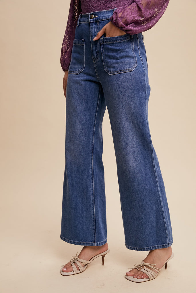 Stretched High Rise Ankle Flare Jeans with Pockets