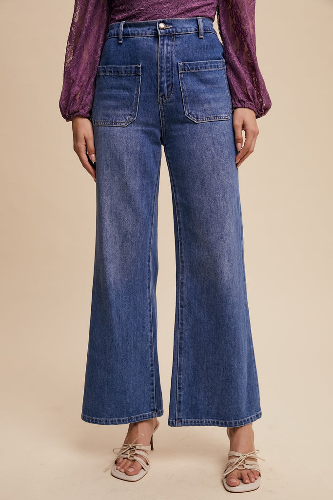 Stretched High Rise Ankle Flare Jeans with Pockets