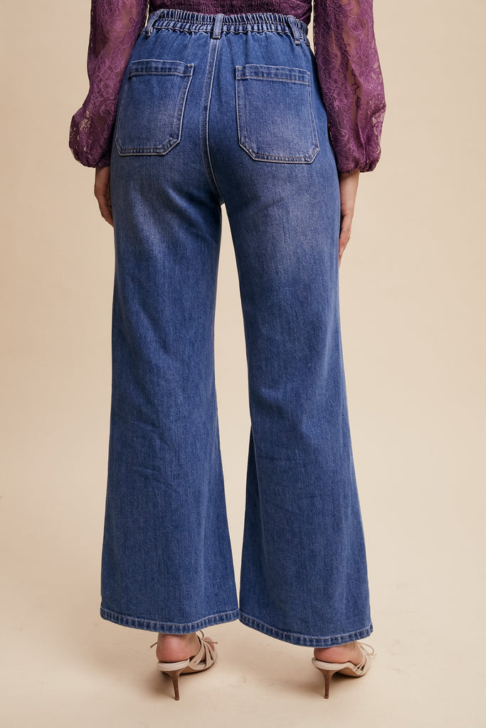 Stretched High Rise Ankle Flare Jeans with Pockets