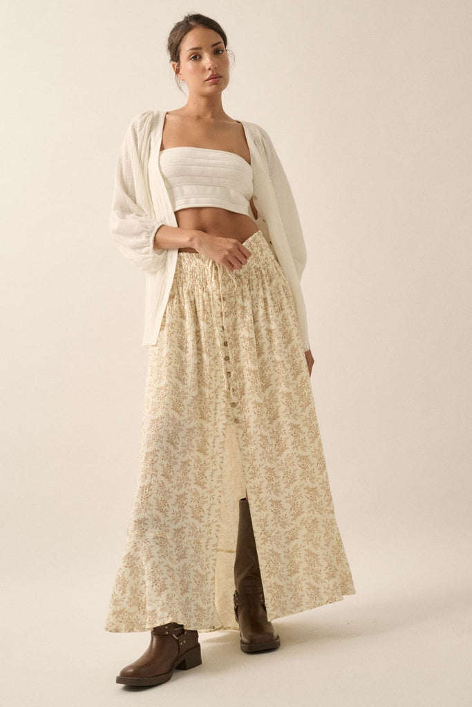 Floral-Print Crinkle Cotton Buttoned Maxi Skirt