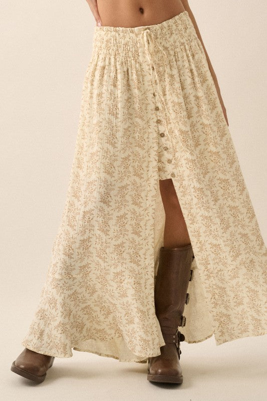 Floral-Print Crinkle Cotton Buttoned Maxi Skirt