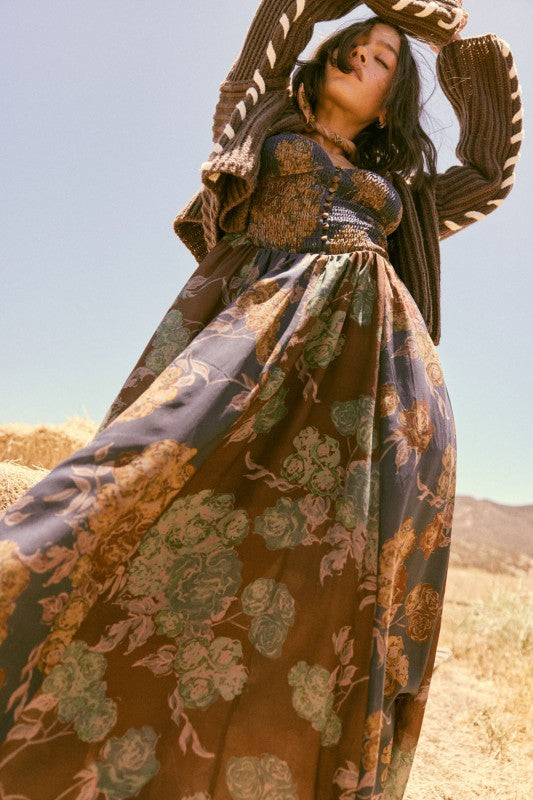 Floral-print Smocked Sweetheart Maxi Peasant Dress