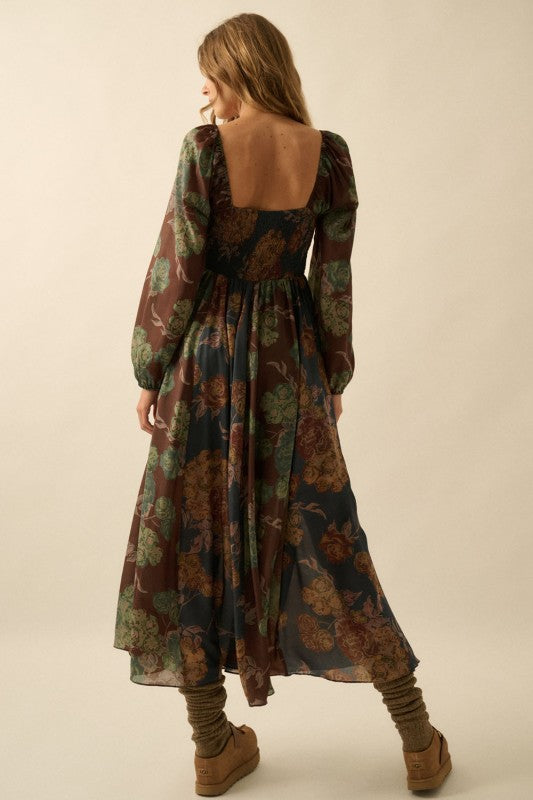 Floral-print Smocked Sweetheart Maxi Peasant Dress