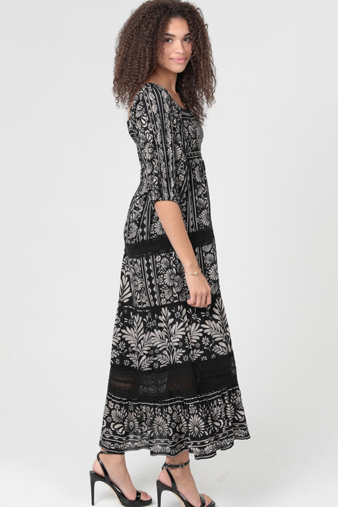 Smocked Bodice Lace Trim Half Sleeve Maxi Dress