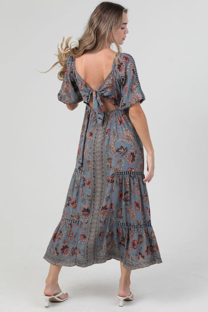 Lace Trim Open Tie Back Short Sleeve Maxi Dress