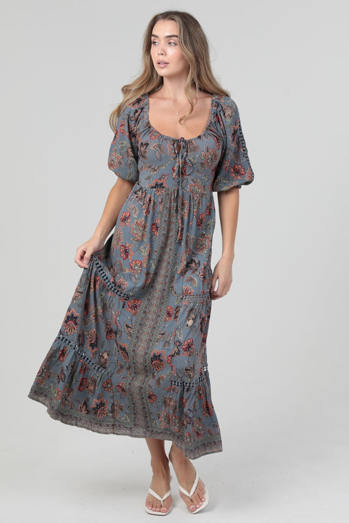 Lace Trim Open Tie Back Short Sleeve Maxi Dress