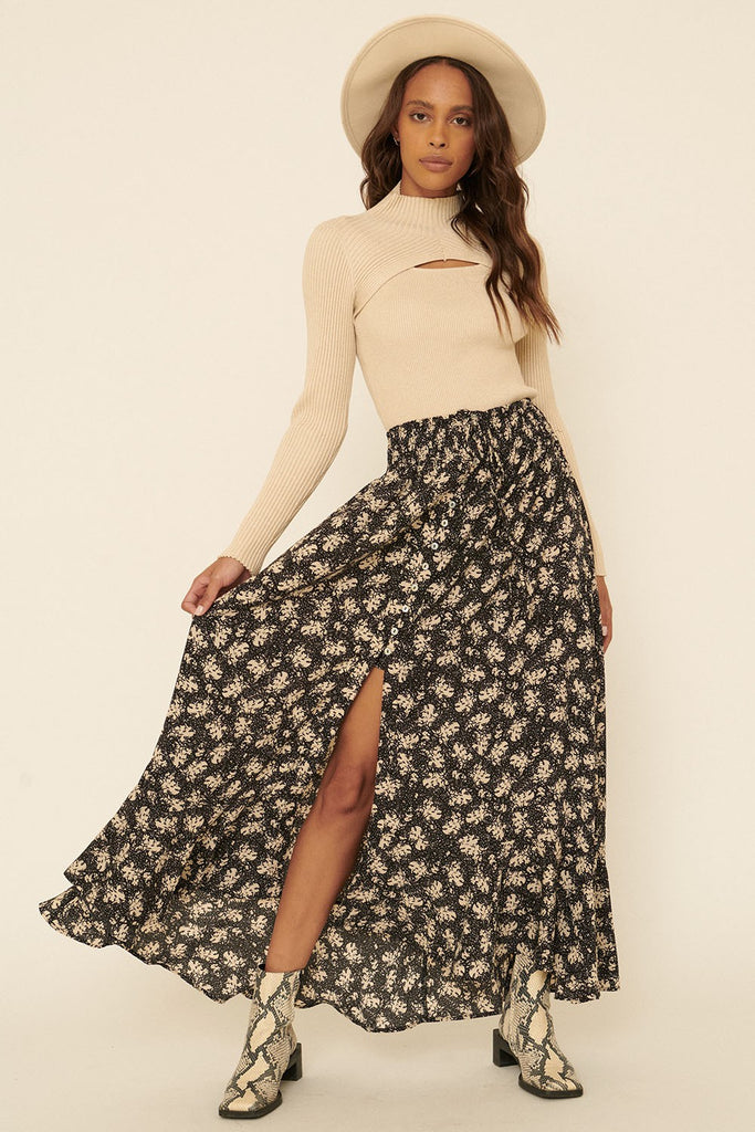 Floral Button-Front Ruffled Drawstring Maxi Skirt