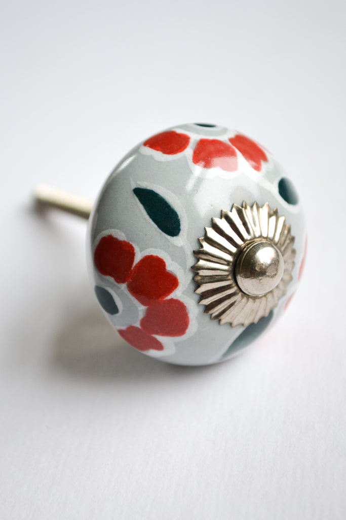 Gray and Red Floral Knob