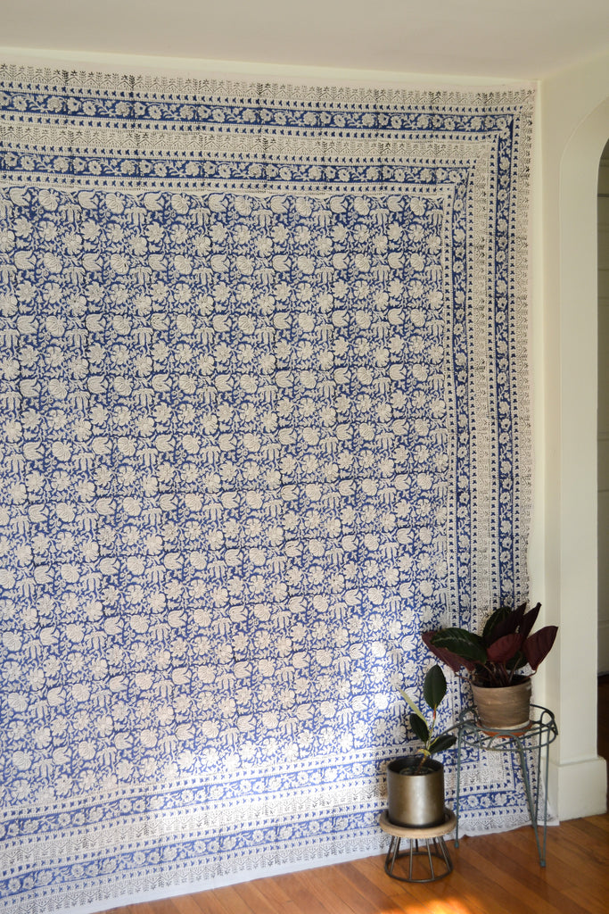 Blue and White Floral Tapestry
